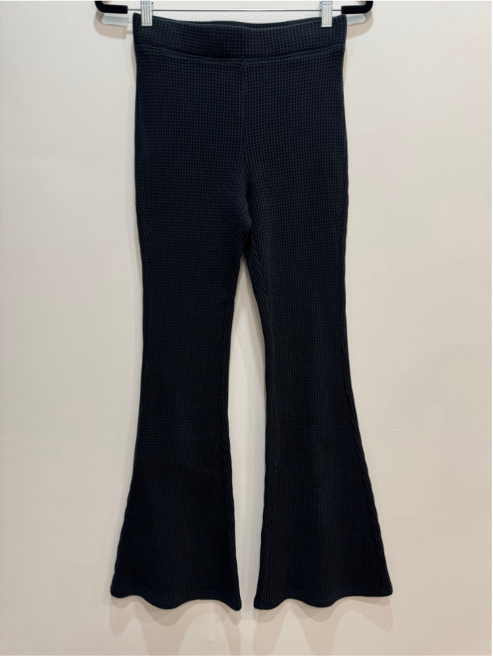 Aerie Black Waffle Knit Flare Pants High Waisted Thermal Leggings Small Lounge